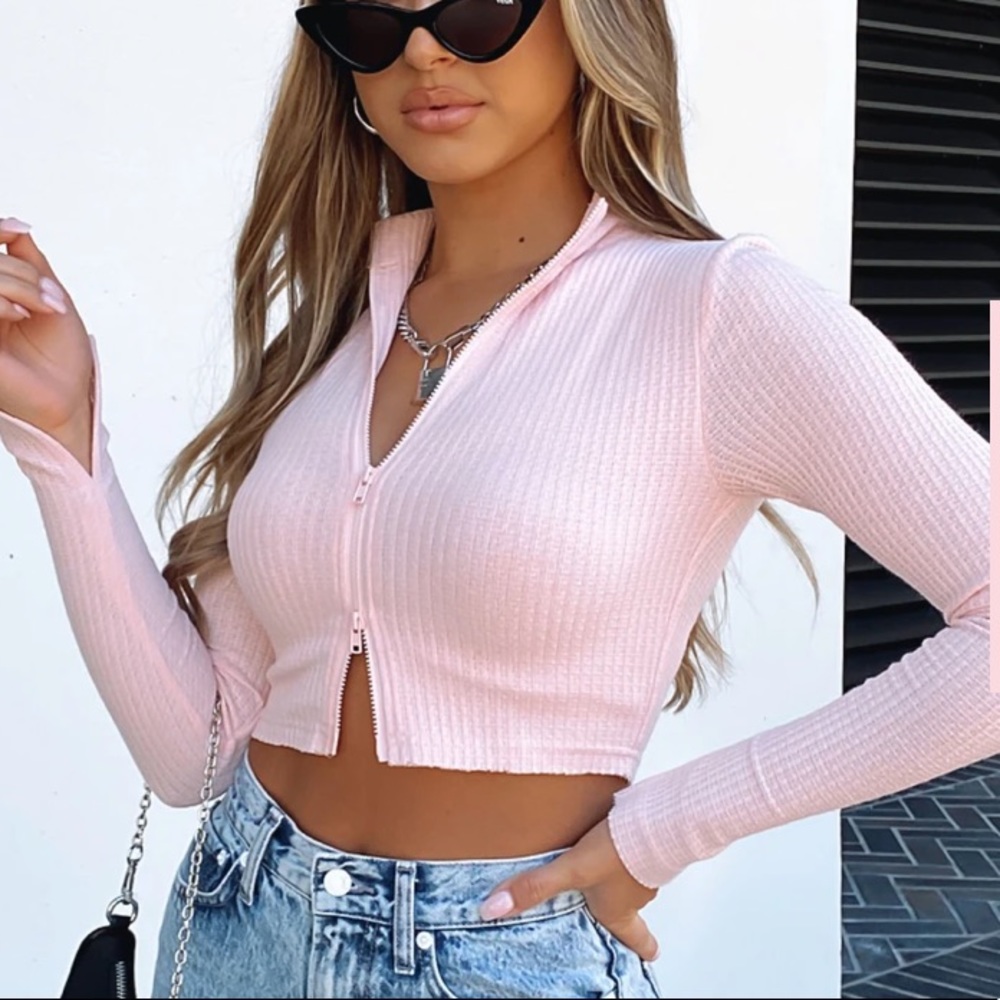 pink cropped half zip
